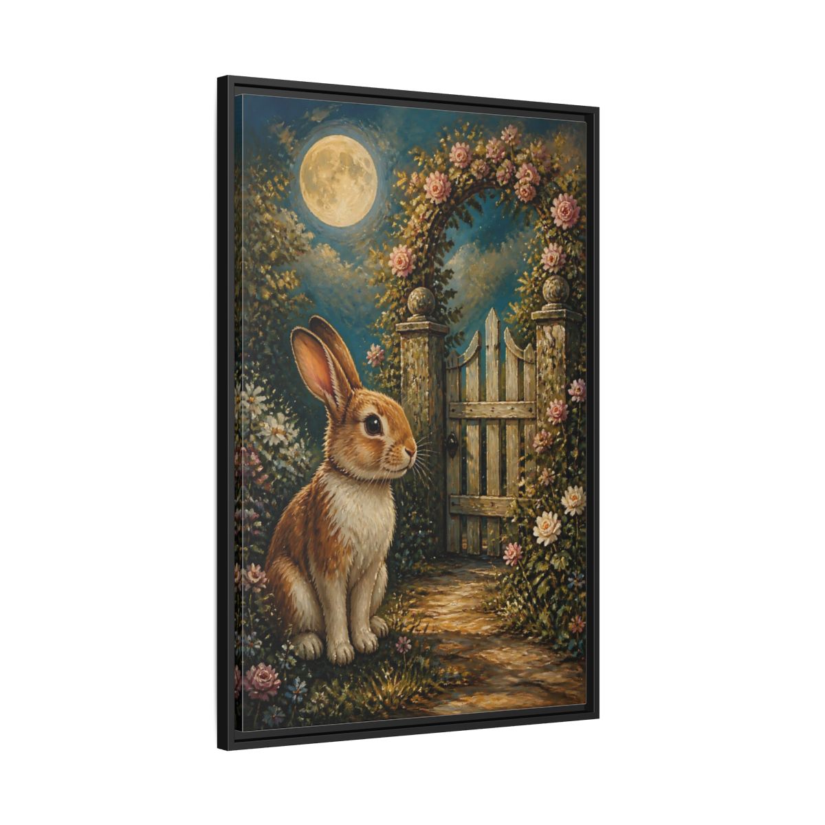 Side Mockup 13. Animals Rabbit Moonlit Rabbit shown as stretched canvas wall art