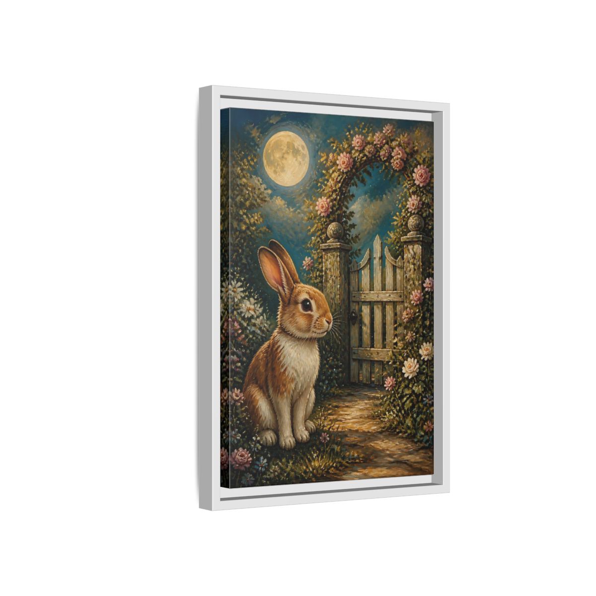 Side Mockup 4. Animals Rabbit Moonlit Rabbit shown as stretched canvas wall art