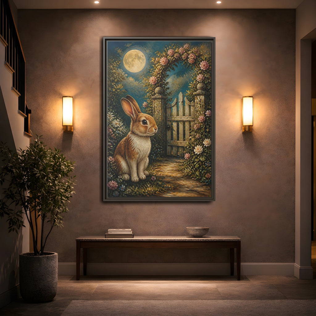 Mockup 2. Animals Rabbit Moonlit Rabbit shown as stretched canvas wall art