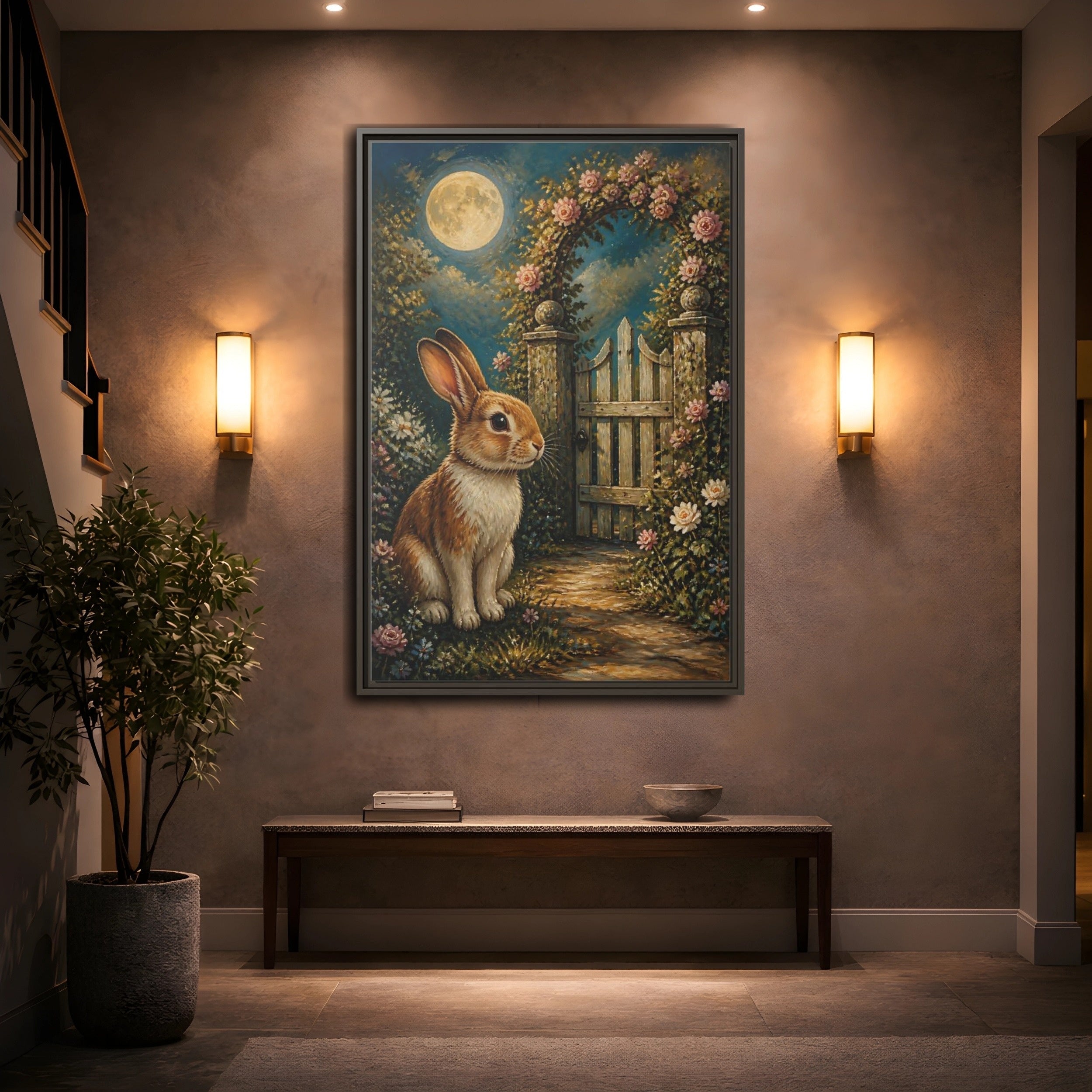 Mockup 2. Animals Rabbit Moonlit Rabbit shown as stretched canvas wall art