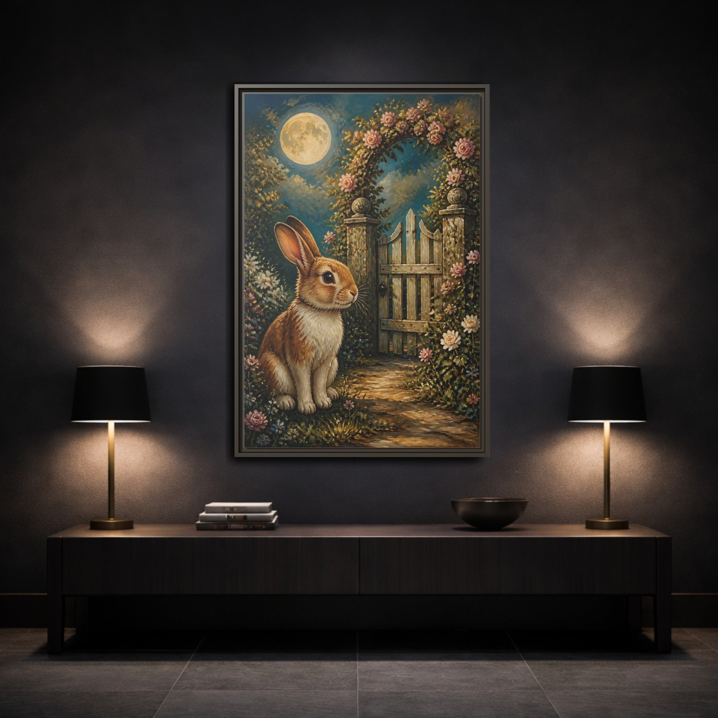 Mockup 3. Animals Rabbit Moonlit Rabbit shown as stretched canvas wall art