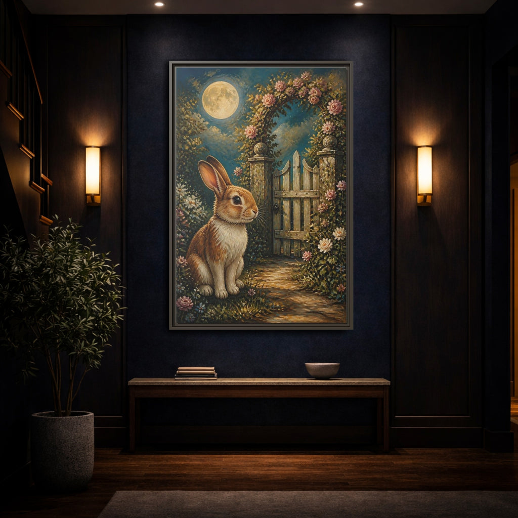 Mockup 4. Animals Rabbit Moonlit Rabbit shown as stretched canvas wall art