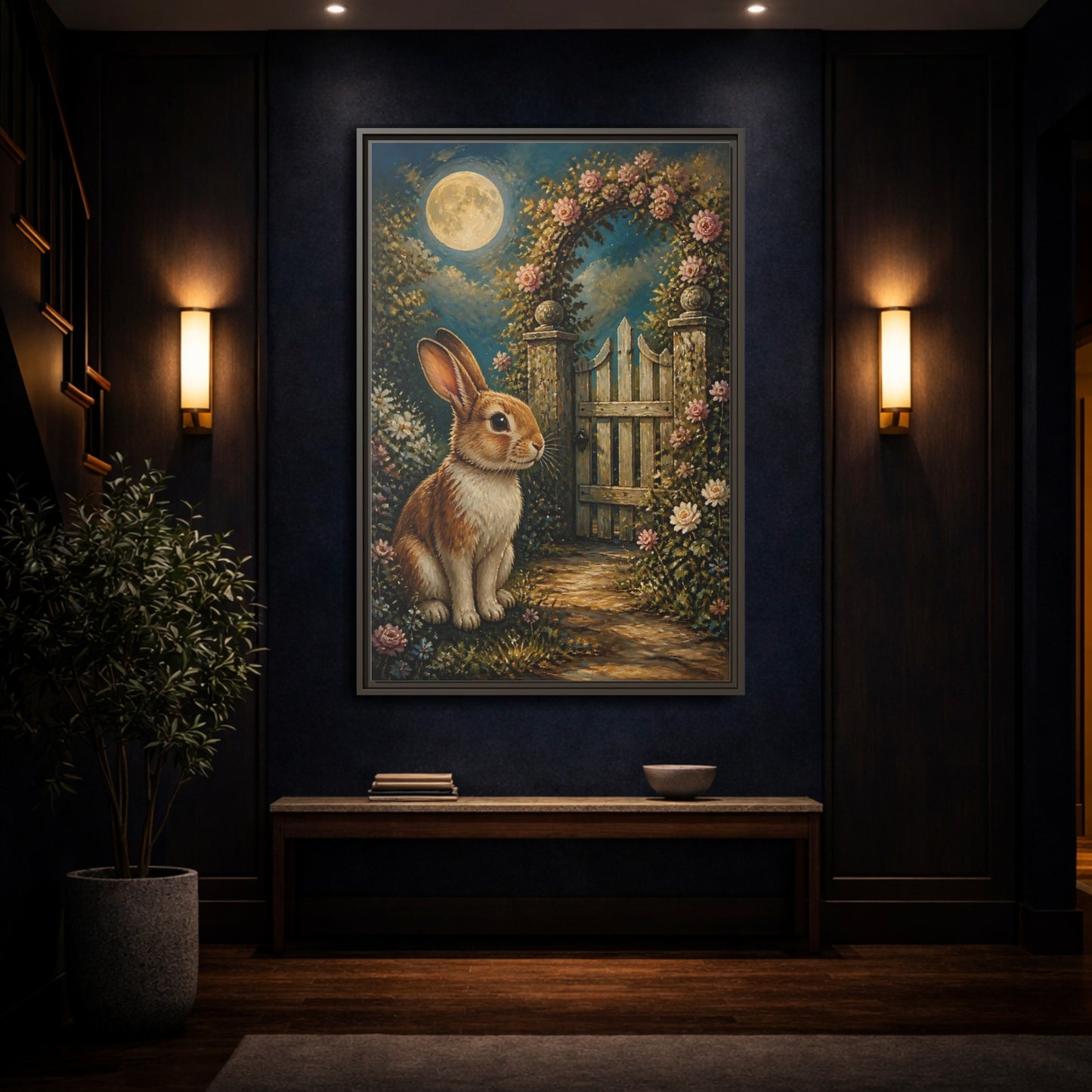 Mockup 4. Animals Rabbit Moonlit Rabbit shown as stretched canvas wall art