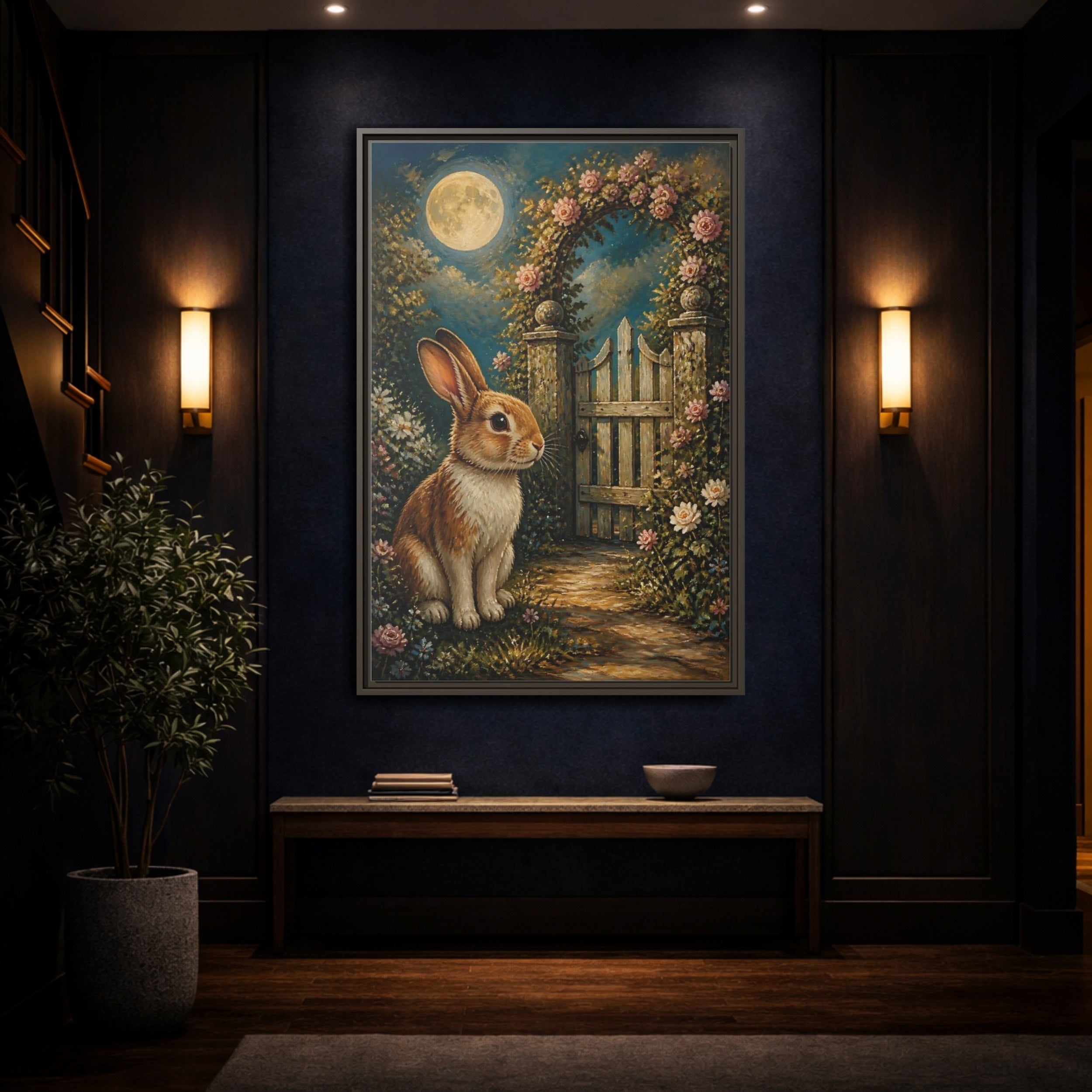 Mockup 4. Animals Rabbit Moonlit Rabbit shown as stretched canvas wall art