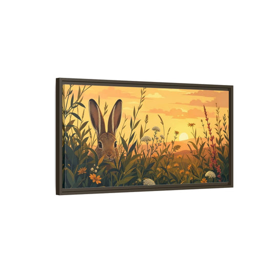 Main Mockup. Animals Rabbit Rabbit Meadow Sunset shown as stretched canvas wall art