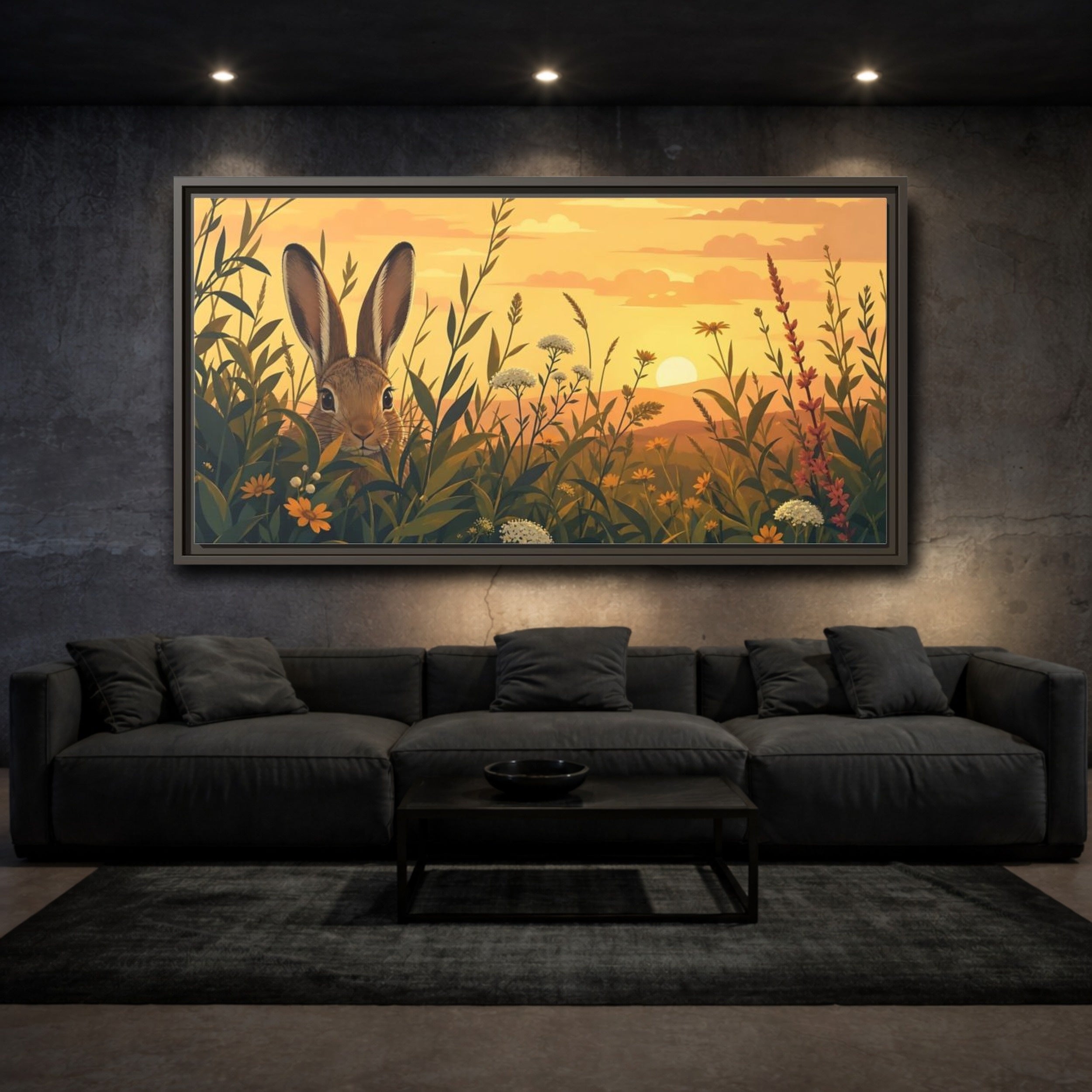 Mockup 2. Animals Rabbit Rabbit Meadow Sunset shown as stretched canvas wall art
