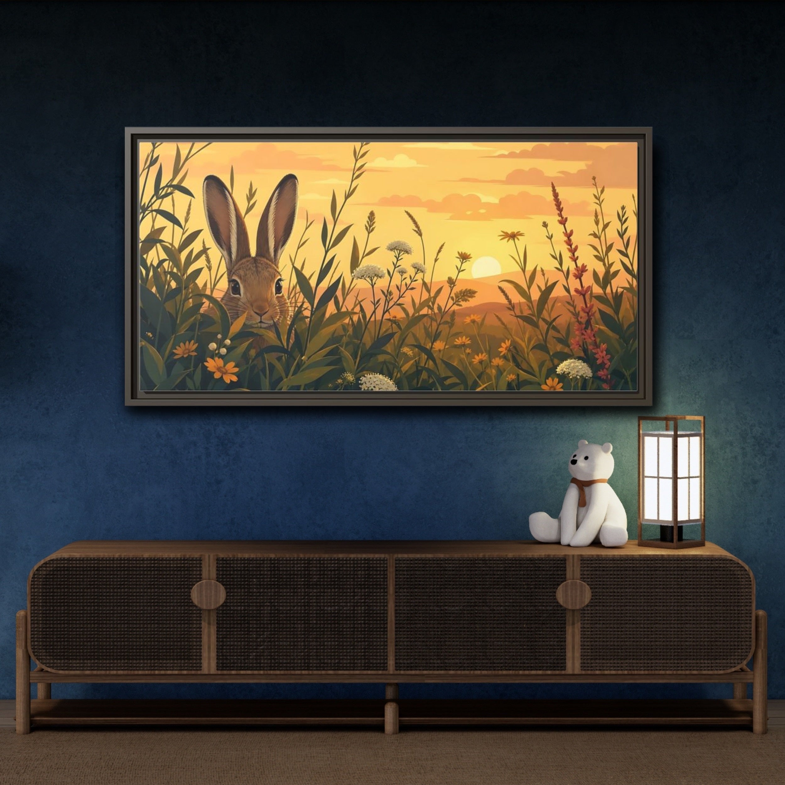 Mockup 4. Animals Rabbit Rabbit Meadow Sunset shown as stretched canvas wall art