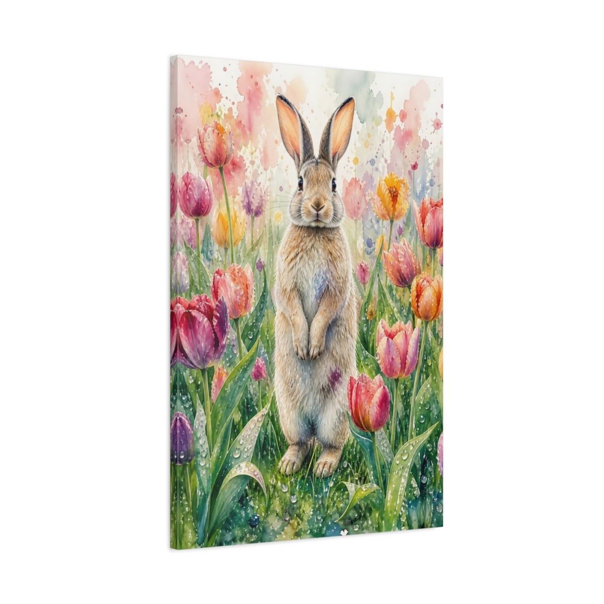Main Mockup. Animals Rabbit Watercolor Rabbit Tulips shown as stretched canvas wall art