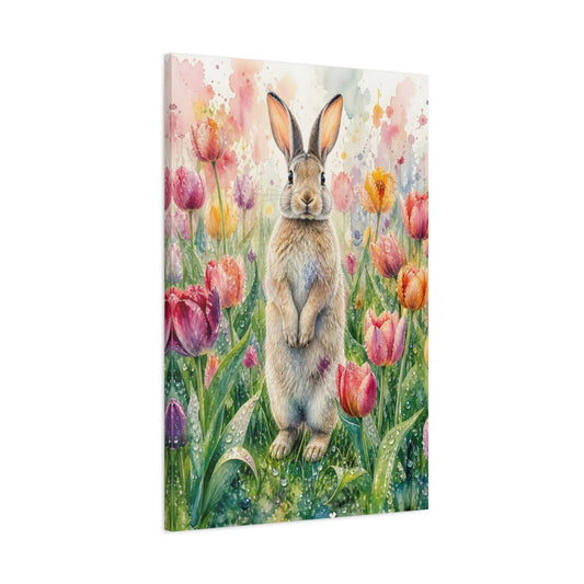 Main Mockup. Animals Rabbit Watercolor Rabbit Tulips shown as stretched canvas wall art