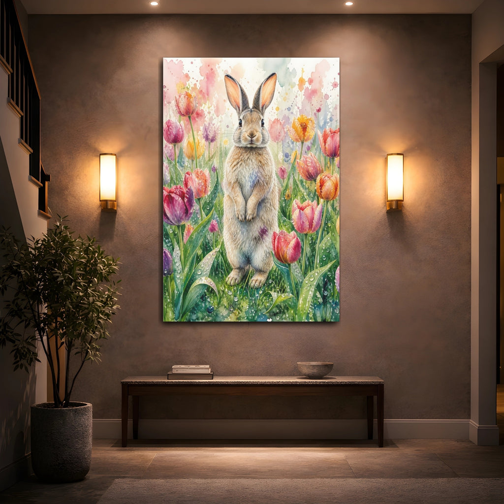 Mockup 2. Animals Rabbit Watercolor Rabbit Tulips shown as stretched canvas wall art