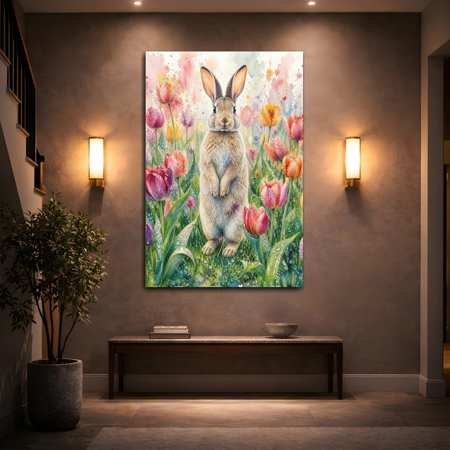 Mockup 2. Animals Rabbit Watercolor Rabbit Tulips shown as stretched canvas wall art