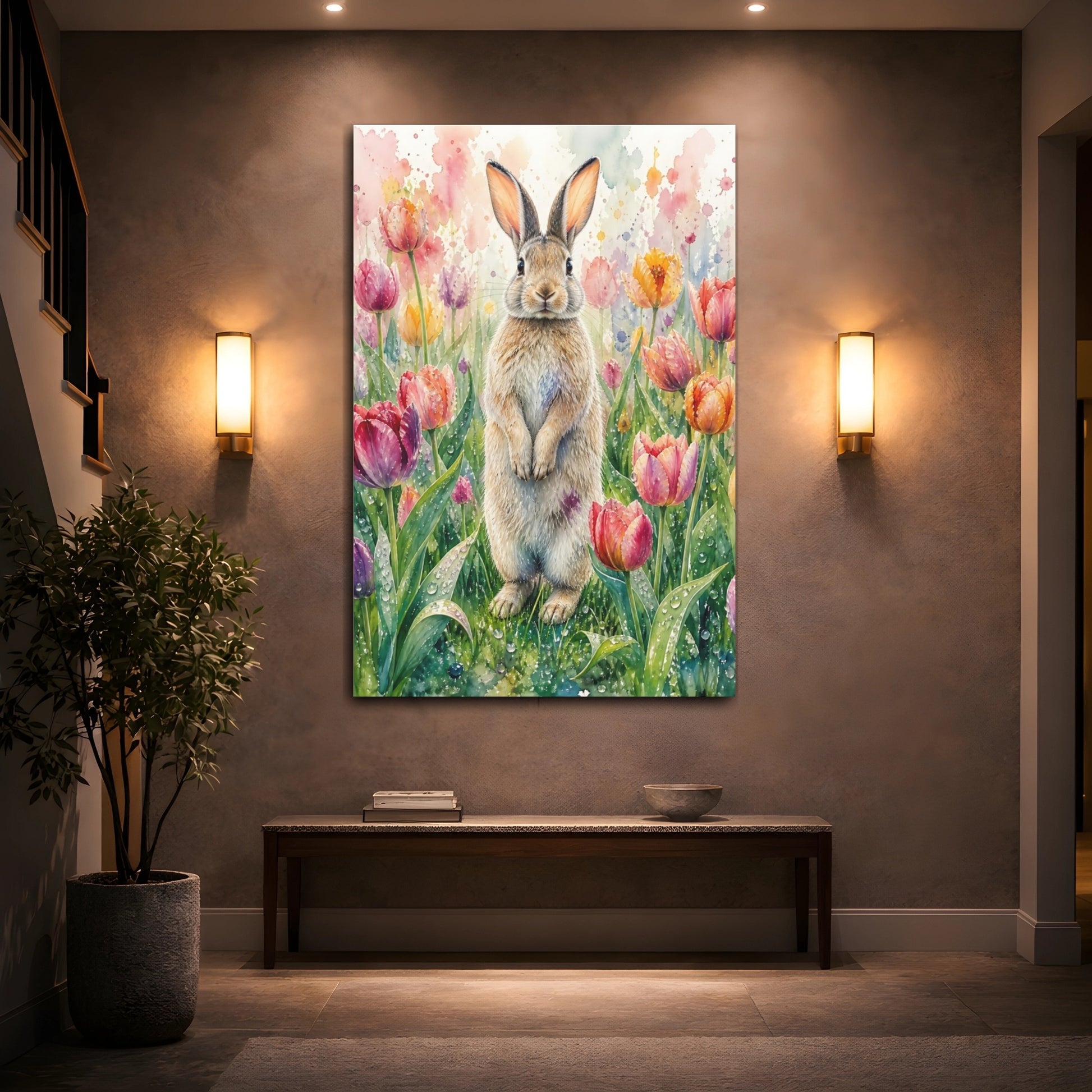 Mockup 2. Animals Rabbit Watercolor Rabbit Tulips shown as stretched canvas wall art
