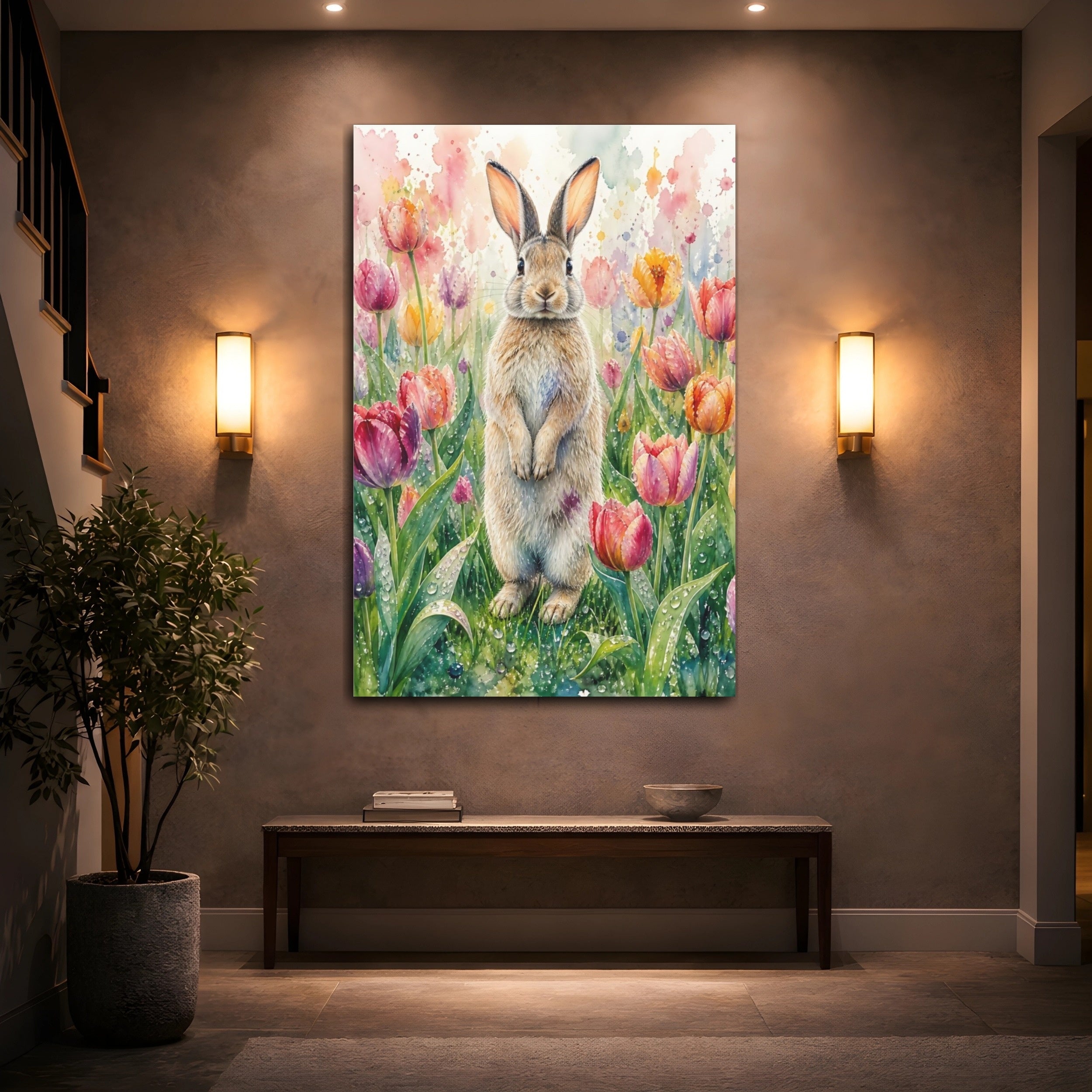 Mockup 2. Animals Rabbit Watercolor Rabbit Tulips shown as stretched canvas wall art