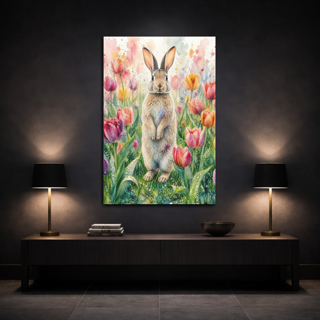 Mockup 3. Animals Rabbit Watercolor Rabbit Tulips shown as stretched canvas wall art