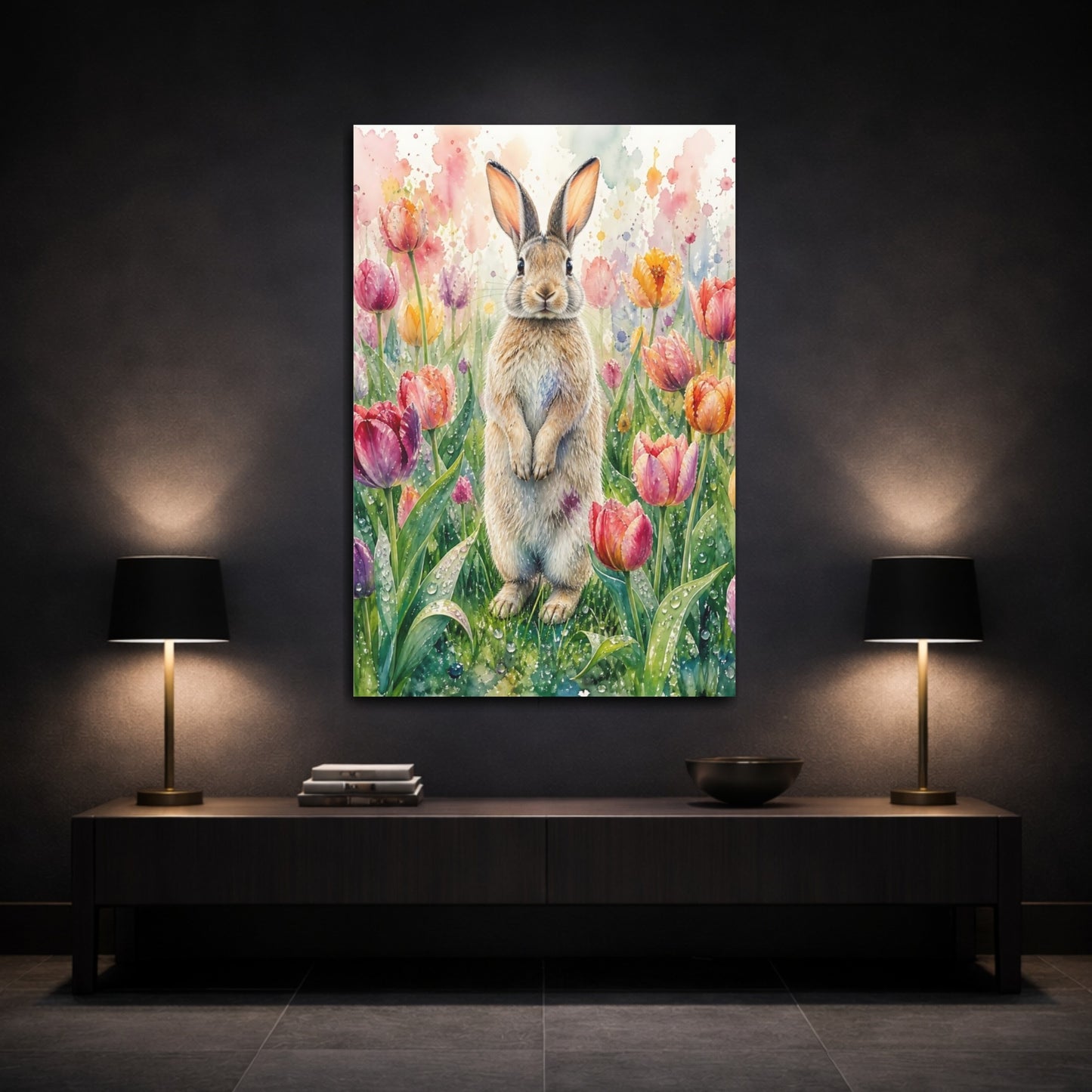 Mockup 3. Animals Rabbit Watercolor Rabbit Tulips shown as stretched canvas wall art