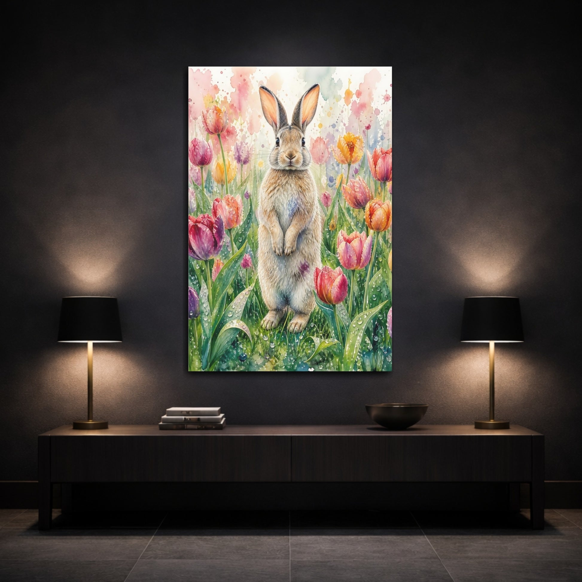 Mockup 3. Animals Rabbit Watercolor Rabbit Tulips shown as stretched canvas wall art