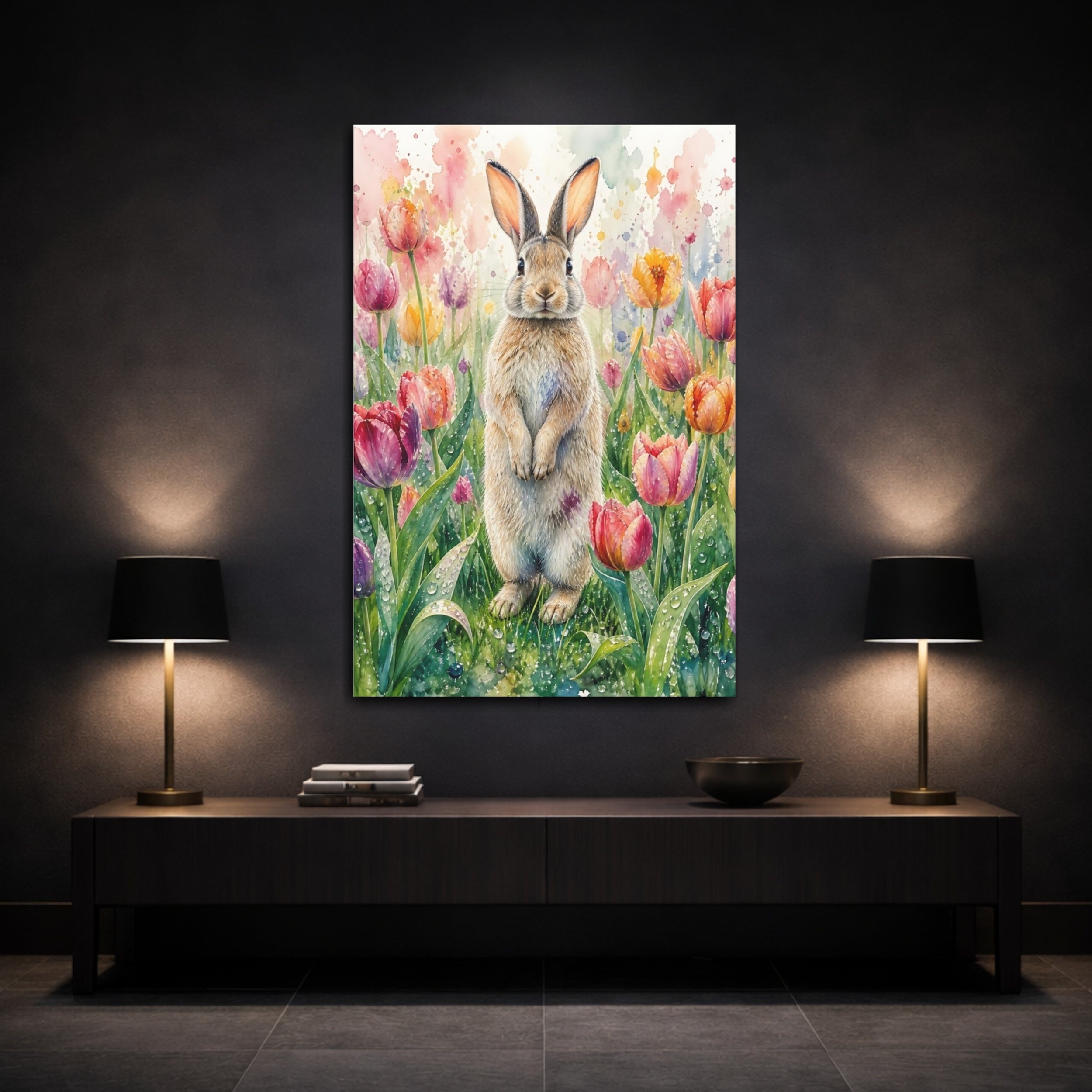Mockup 3. Animals Rabbit Watercolor Rabbit Tulips shown as stretched canvas wall art