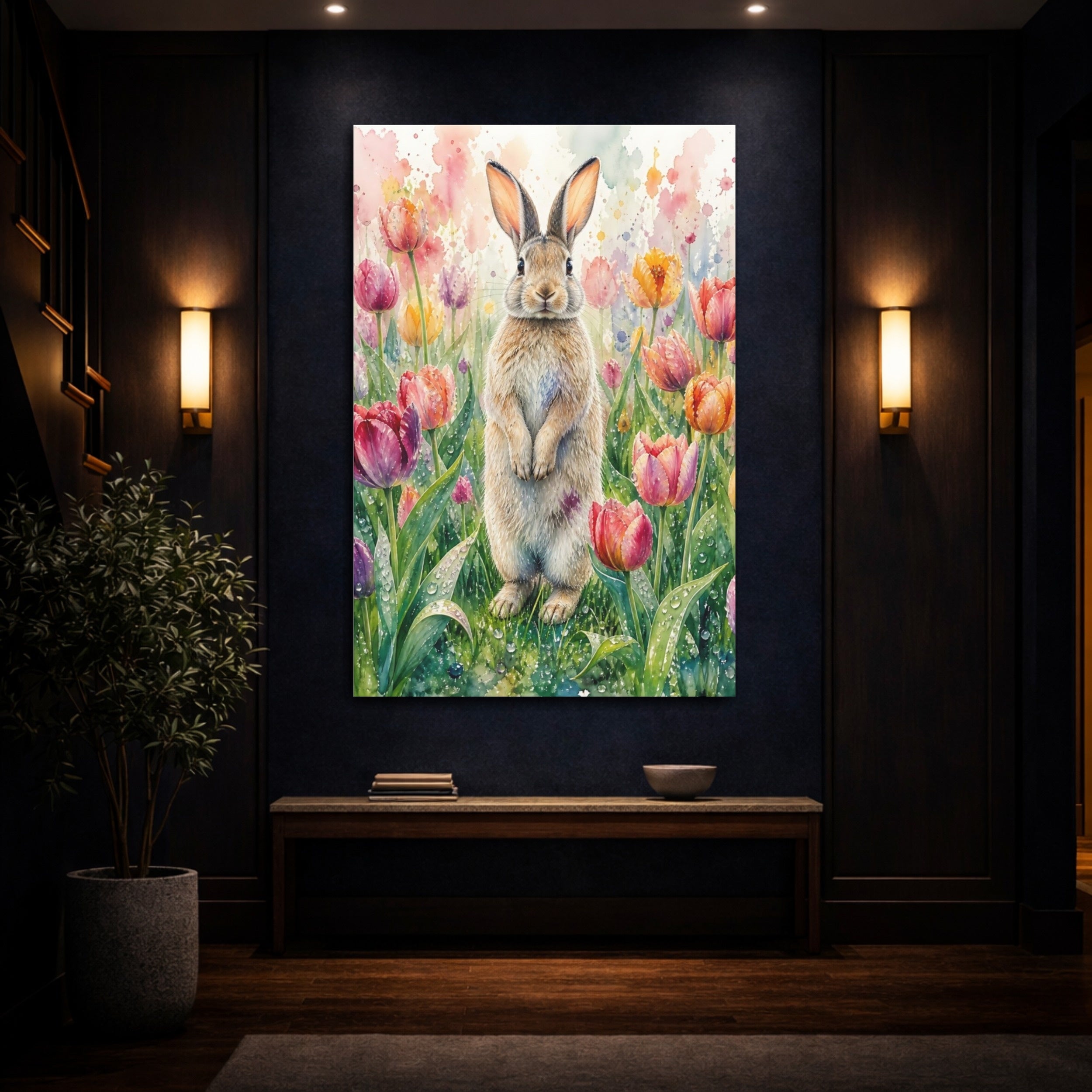 Mockup 4. Animals Rabbit Watercolor Rabbit Tulips shown as stretched canvas wall art