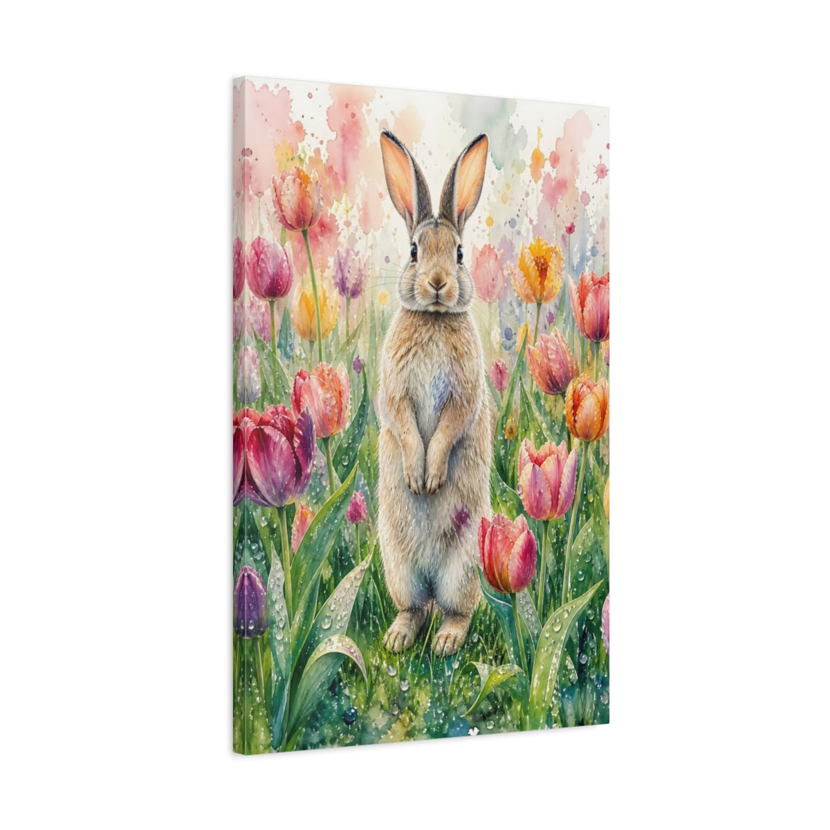 Side Mockup 2. Animals Rabbit Watercolor Rabbit Tulips shown as stretched canvas wall art