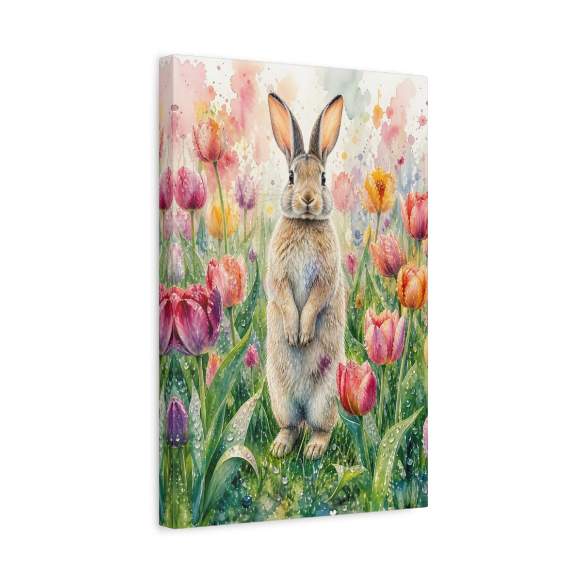 Side Mockup 4. Animals Rabbit Watercolor Rabbit Tulips shown as stretched canvas wall art