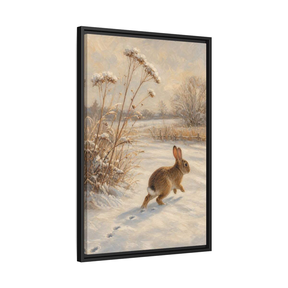 Side Mockup 14. Animals Rabbit Winter Rabbit shown as stretched canvas wall art