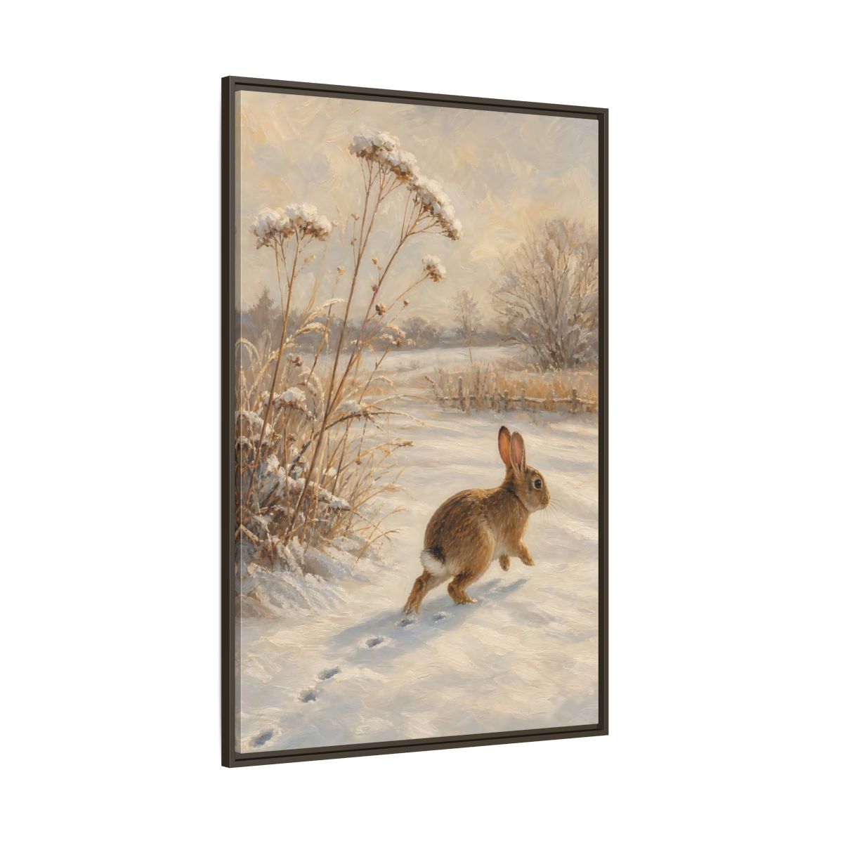 Side Mockup 8. Animals Rabbit Winter Rabbit shown as stretched canvas wall art