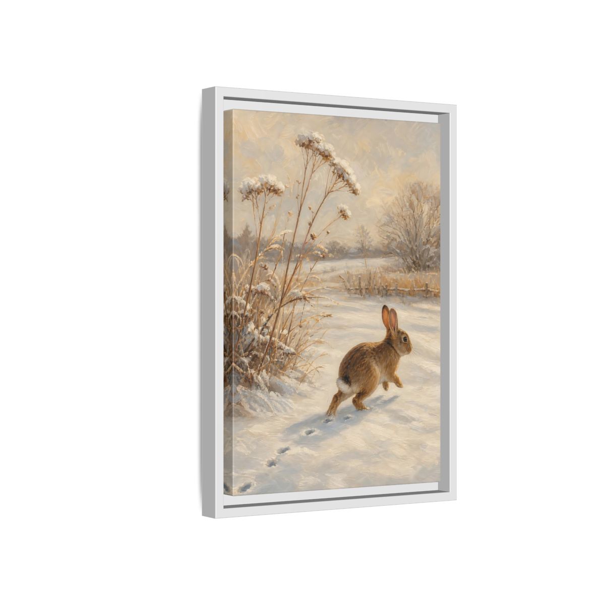 Side Mockup 4. Animals Rabbit Winter Rabbit shown as stretched canvas wall art