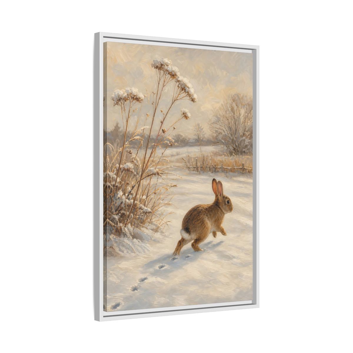 Side Mockup 10. Animals Rabbit Winter Rabbit shown as stretched canvas wall art