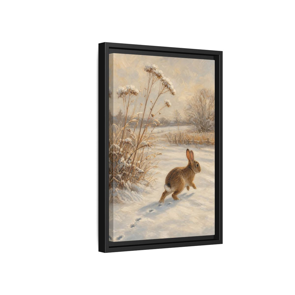 Side Mockup 6. Animals Rabbit Winter Rabbit shown as stretched canvas wall art