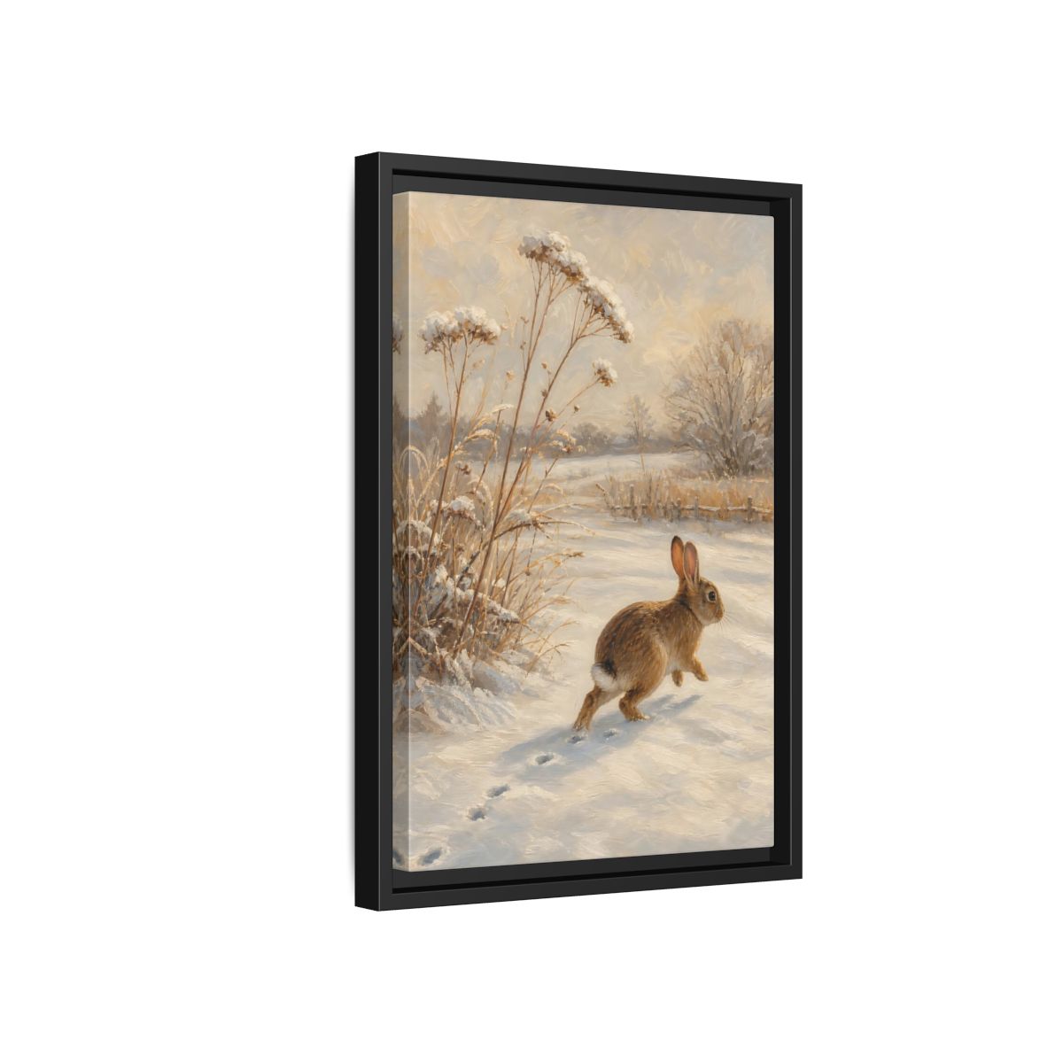 Side Mockup 6. Animals Rabbit Winter Rabbit shown as stretched canvas wall art