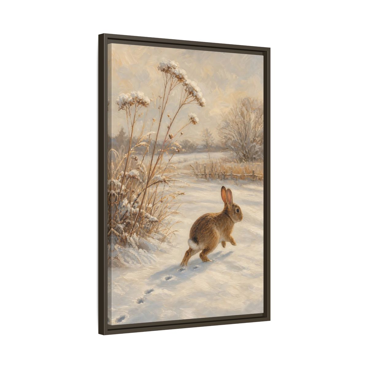 Side Mockup 11. Animals Rabbit Winter Rabbit shown as stretched canvas wall art