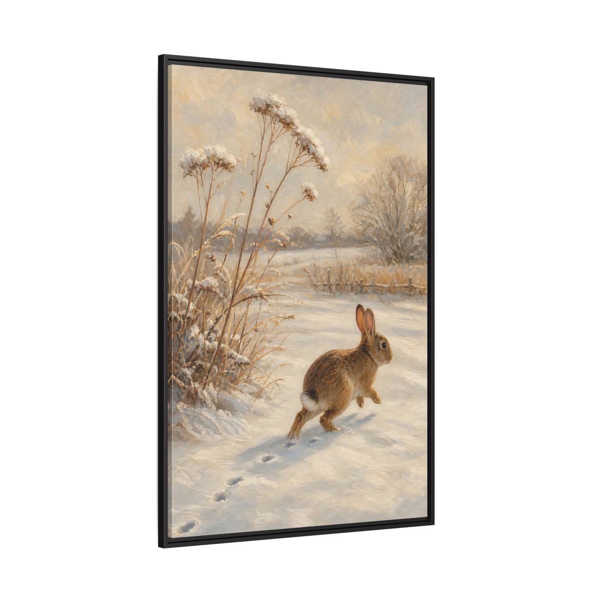 Side Mockup 12. Animals Rabbit Winter Rabbit shown as stretched canvas wall art