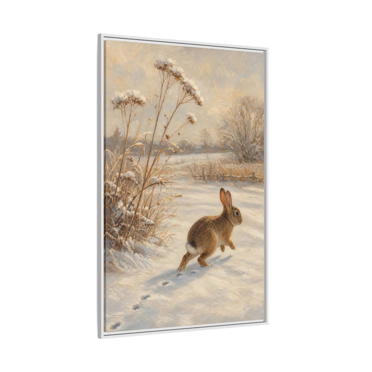 Side Mockup 7. Animals Rabbit Winter Rabbit shown as stretched canvas wall art