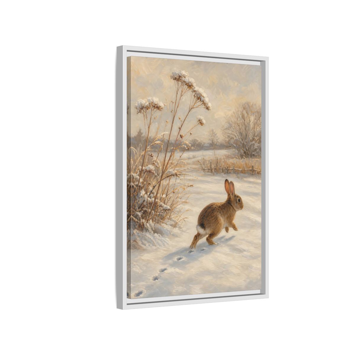 Side Mockup 1. Animals Rabbit Winter Rabbit shown as stretched canvas wall art