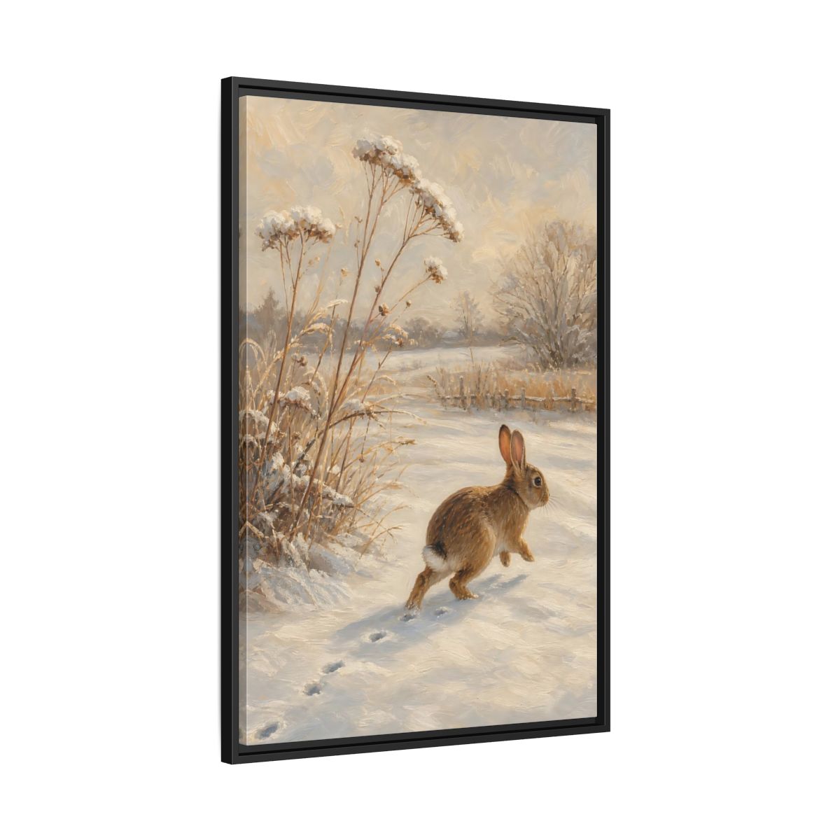 Side Mockup 13. Animals Rabbit Winter Rabbit shown as stretched canvas wall art