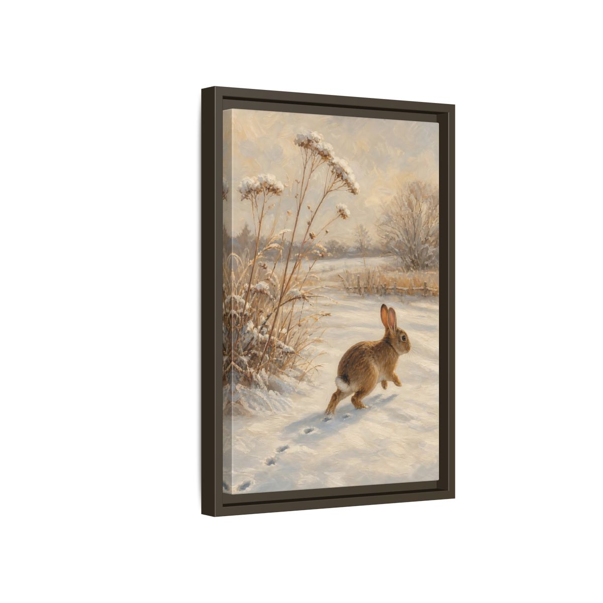 Side Mockup 5. Animals Rabbit Winter Rabbit shown as stretched canvas wall art