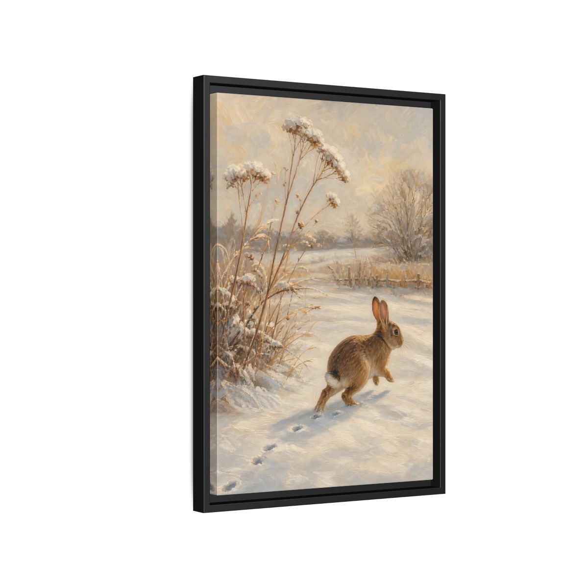 Side Mockup 3. Animals Rabbit Winter Rabbit shown as stretched canvas wall art