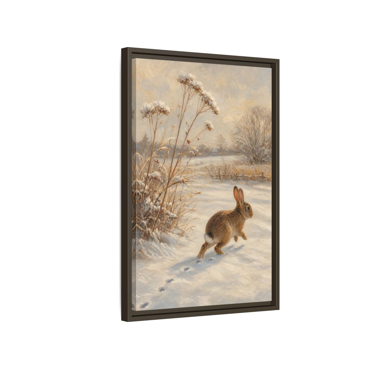 Side Mockup 2. Animals Rabbit Winter Rabbit shown as stretched canvas wall art