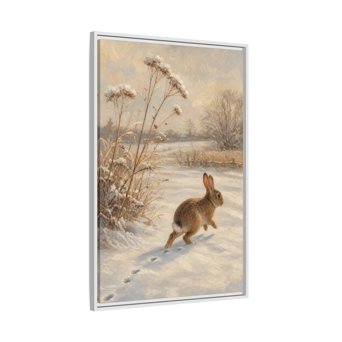 Side Mockup 9. Animals Rabbit Winter Rabbit shown as stretched canvas wall art