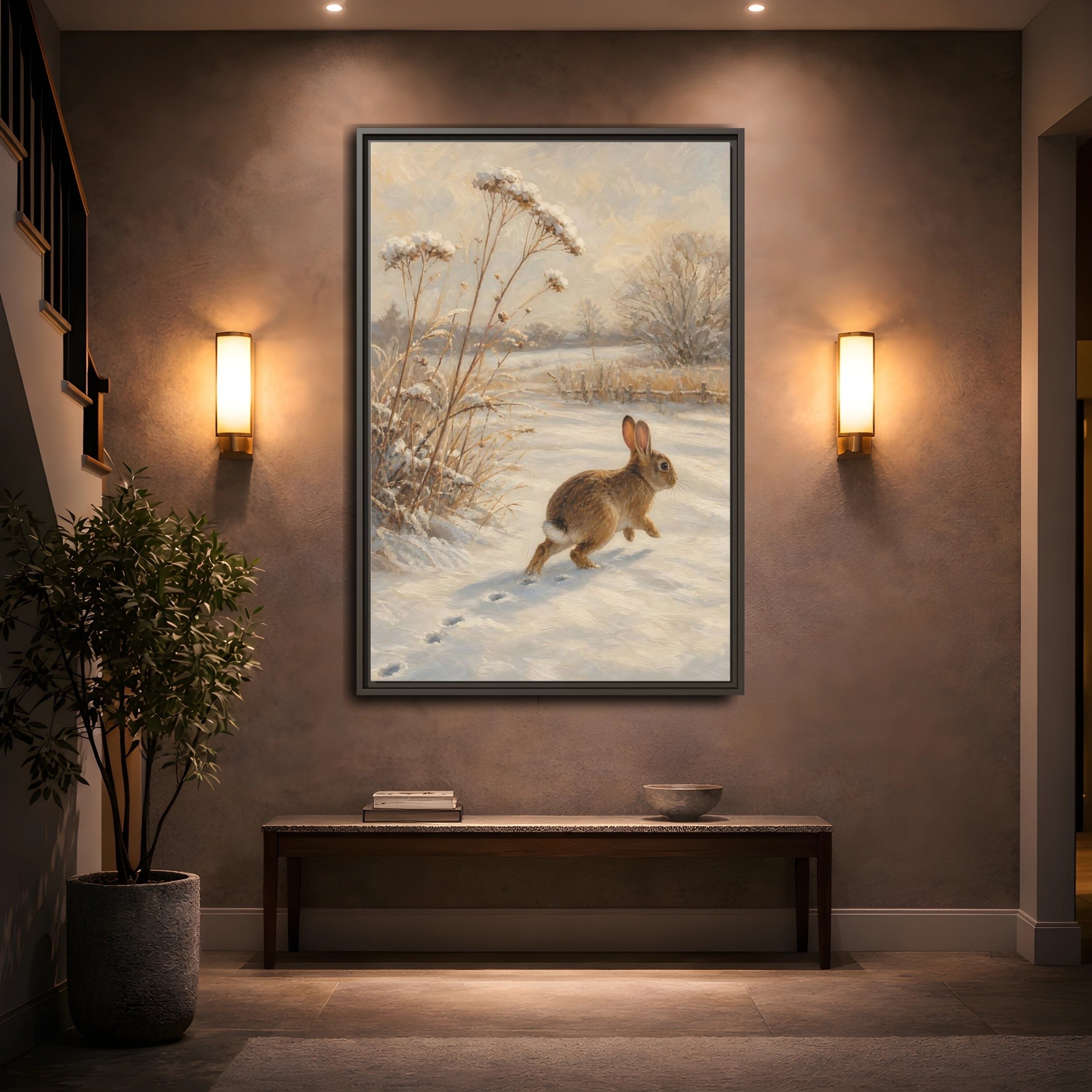 Mockup 2. Animals Rabbit Winter Rabbit shown as stretched canvas wall art