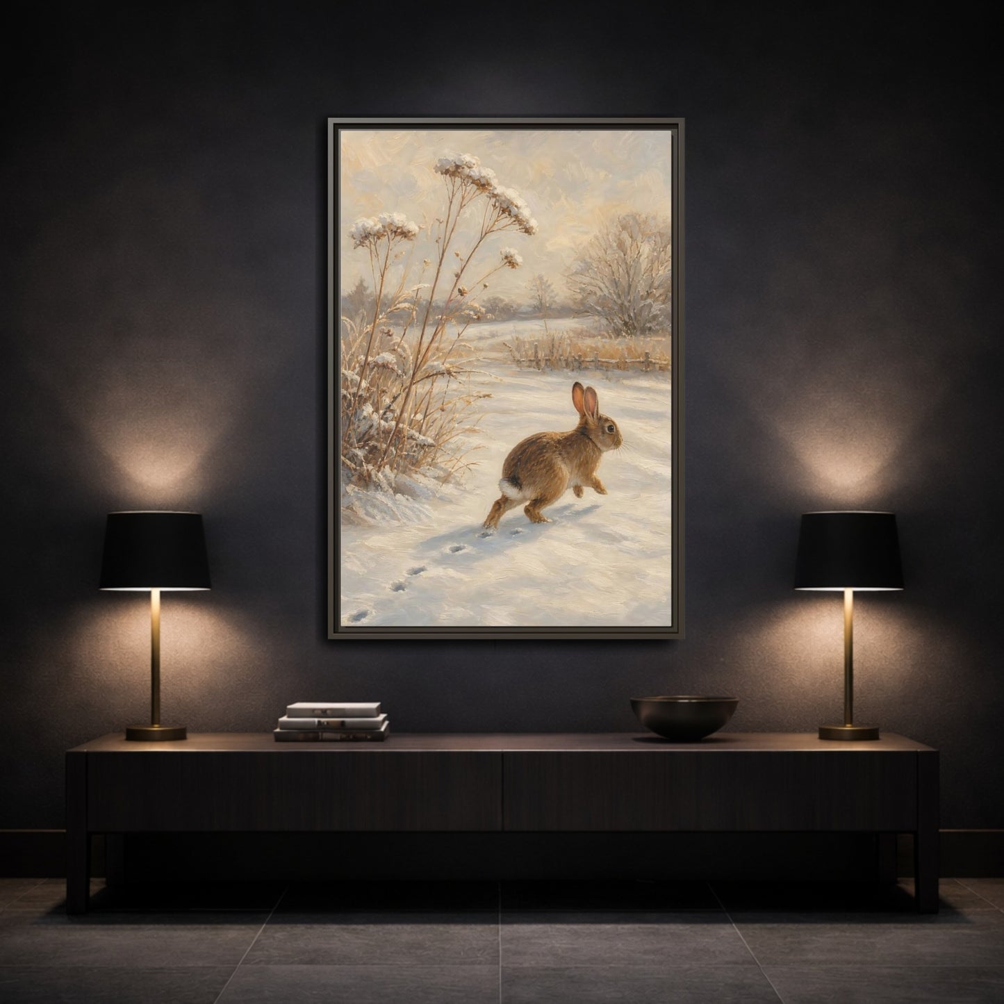 Mockup 3. Animals Rabbit Winter Rabbit shown as stretched canvas wall art