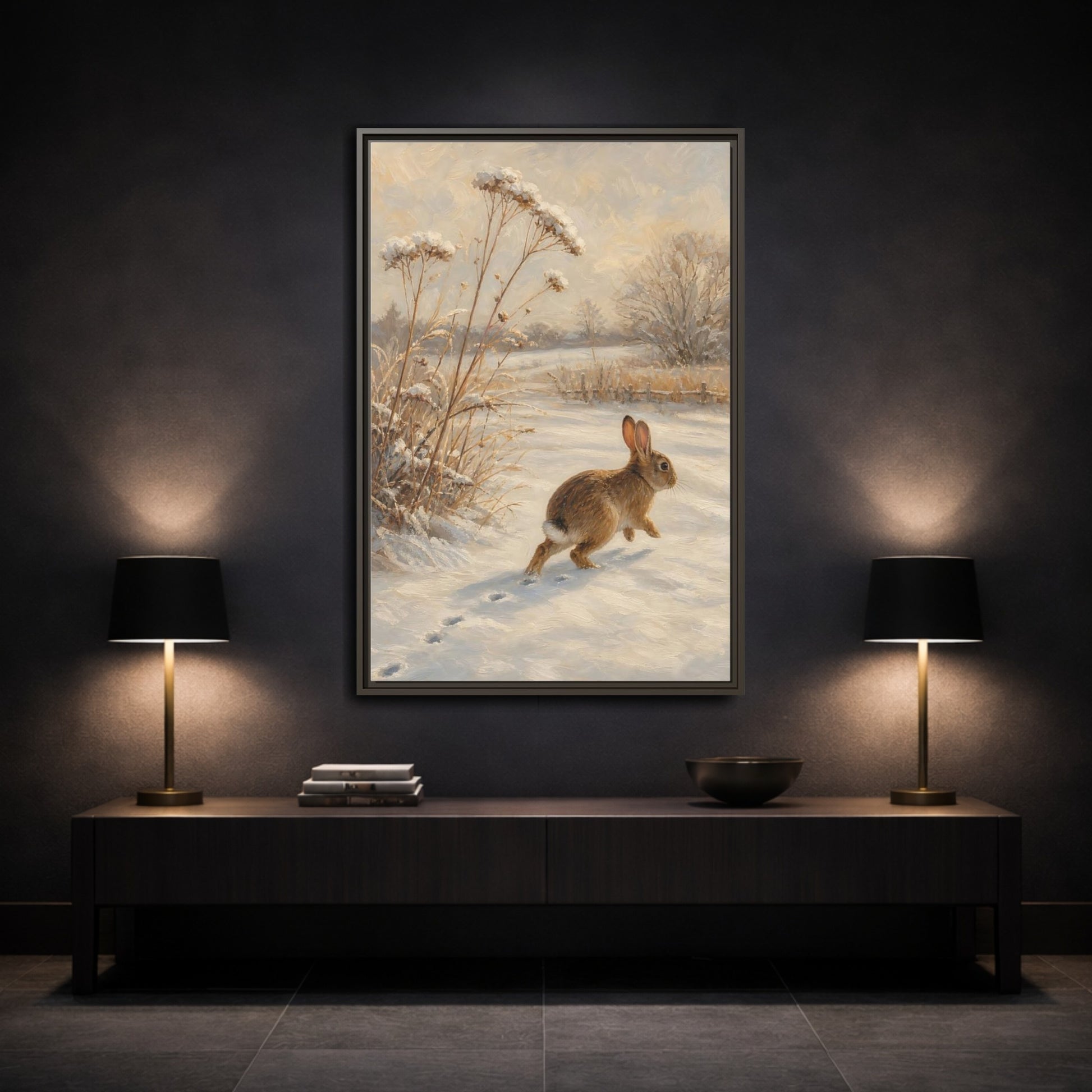 Mockup 3. Animals Rabbit Winter Rabbit shown as stretched canvas wall art