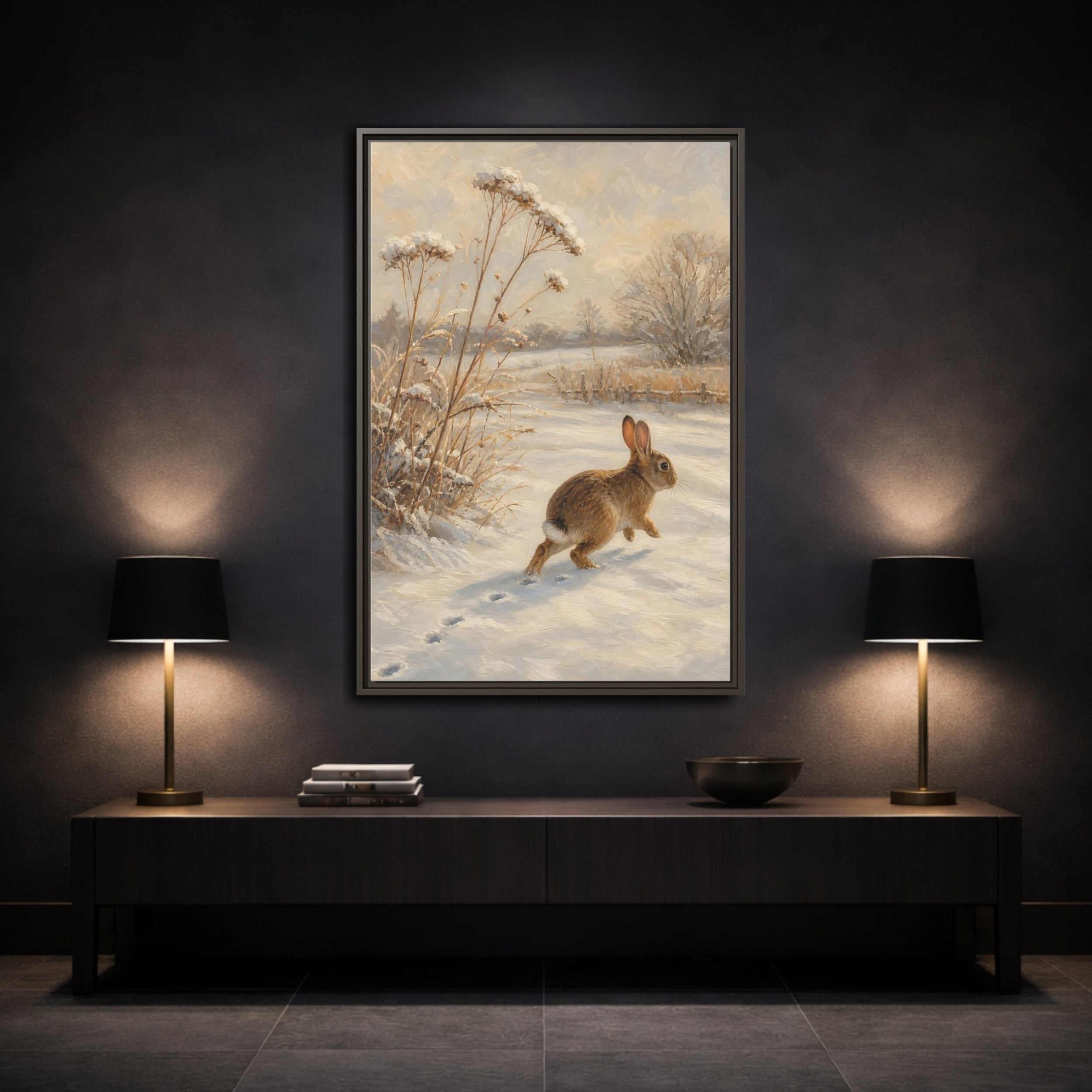 Mockup 3. Animals Rabbit Winter Rabbit shown as stretched canvas wall art