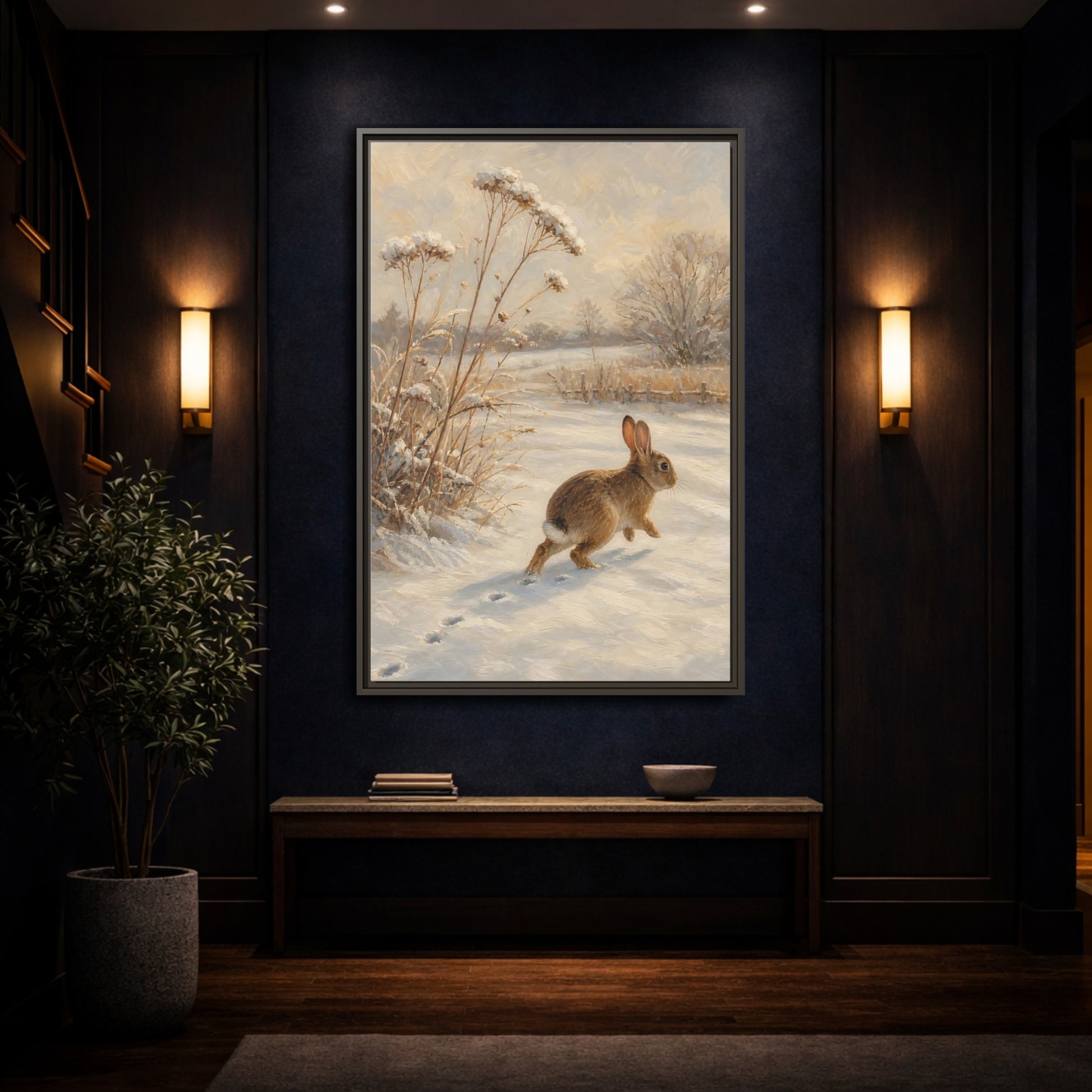 Mockup 4. Animals Rabbit Winter Rabbit shown as stretched canvas wall art