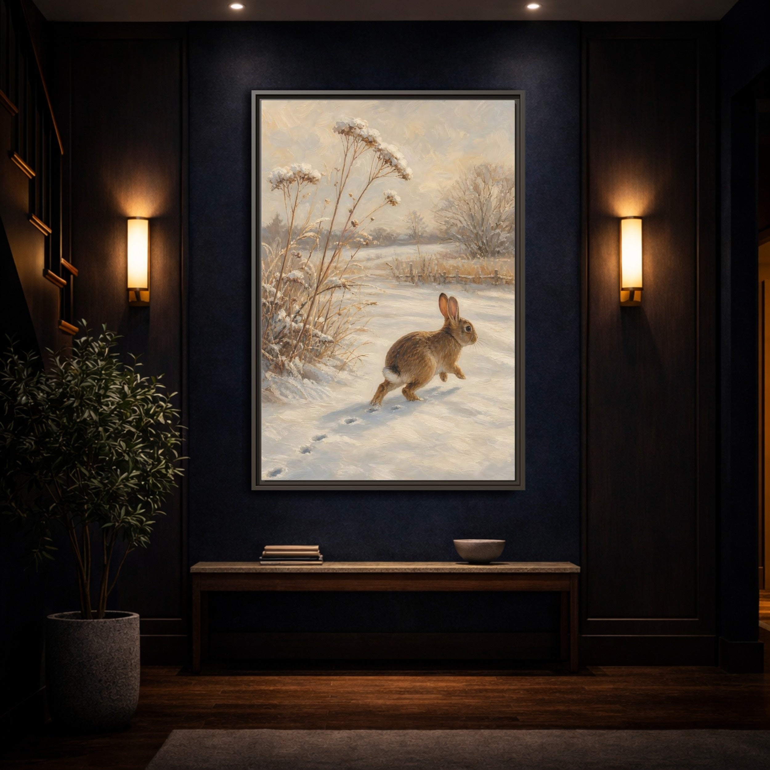 Mockup 4. Animals Rabbit Winter Rabbit shown as stretched canvas wall art