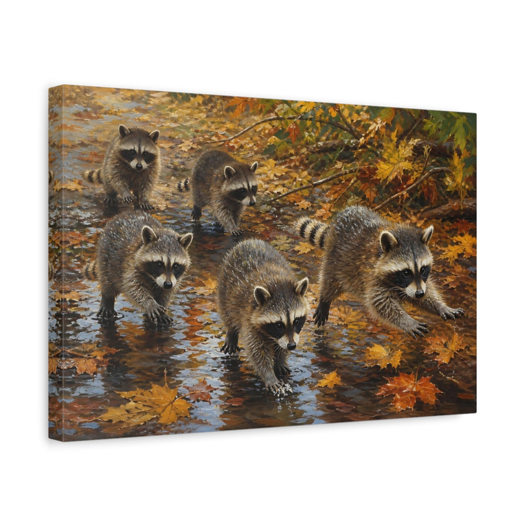 Side Mockup 4. Animals Raccoons Brown And Orange shown as stretched canvas wall art