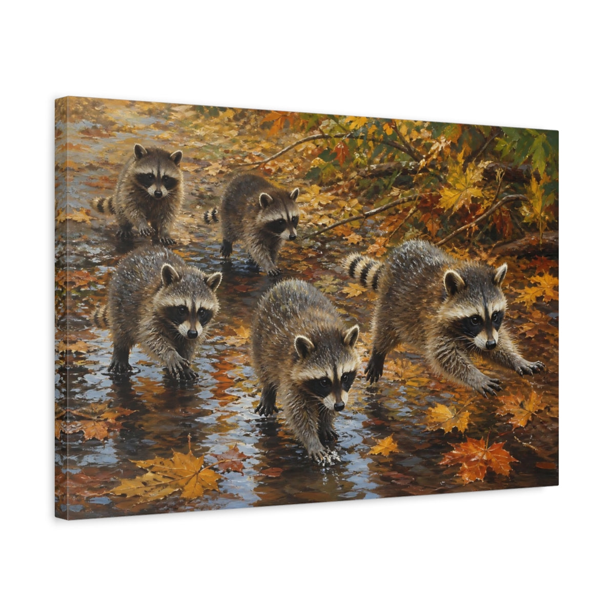 Side Mockup 3. Animals Raccoons Brown And Orange shown as stretched canvas wall art