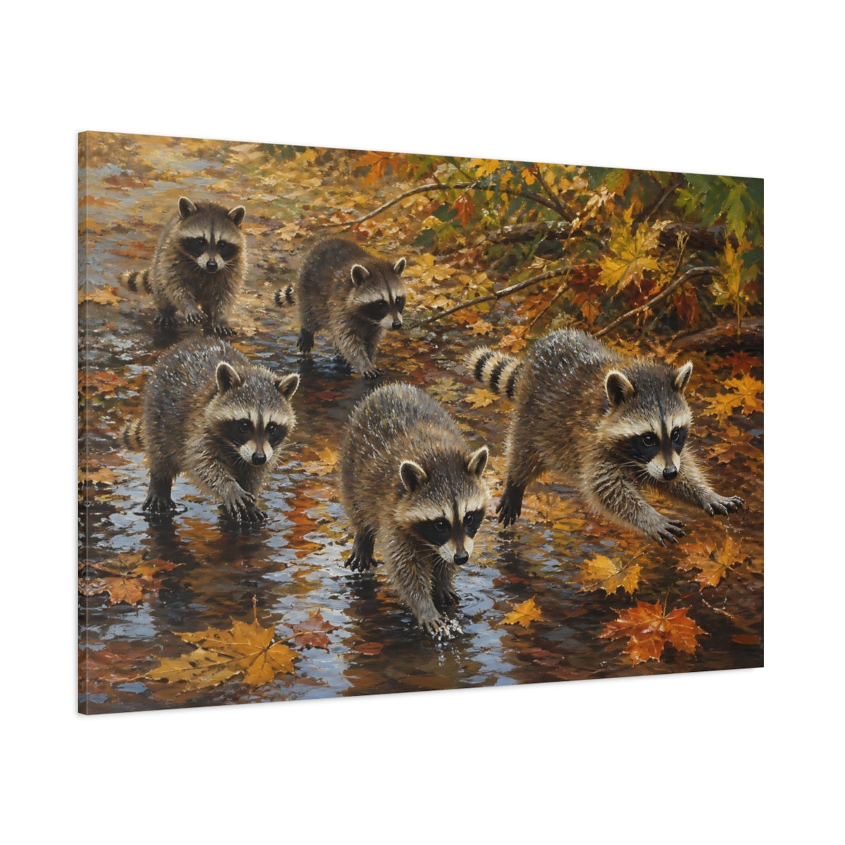 Side Mockup 1. Animals Raccoons Brown And Orange shown as stretched canvas wall art