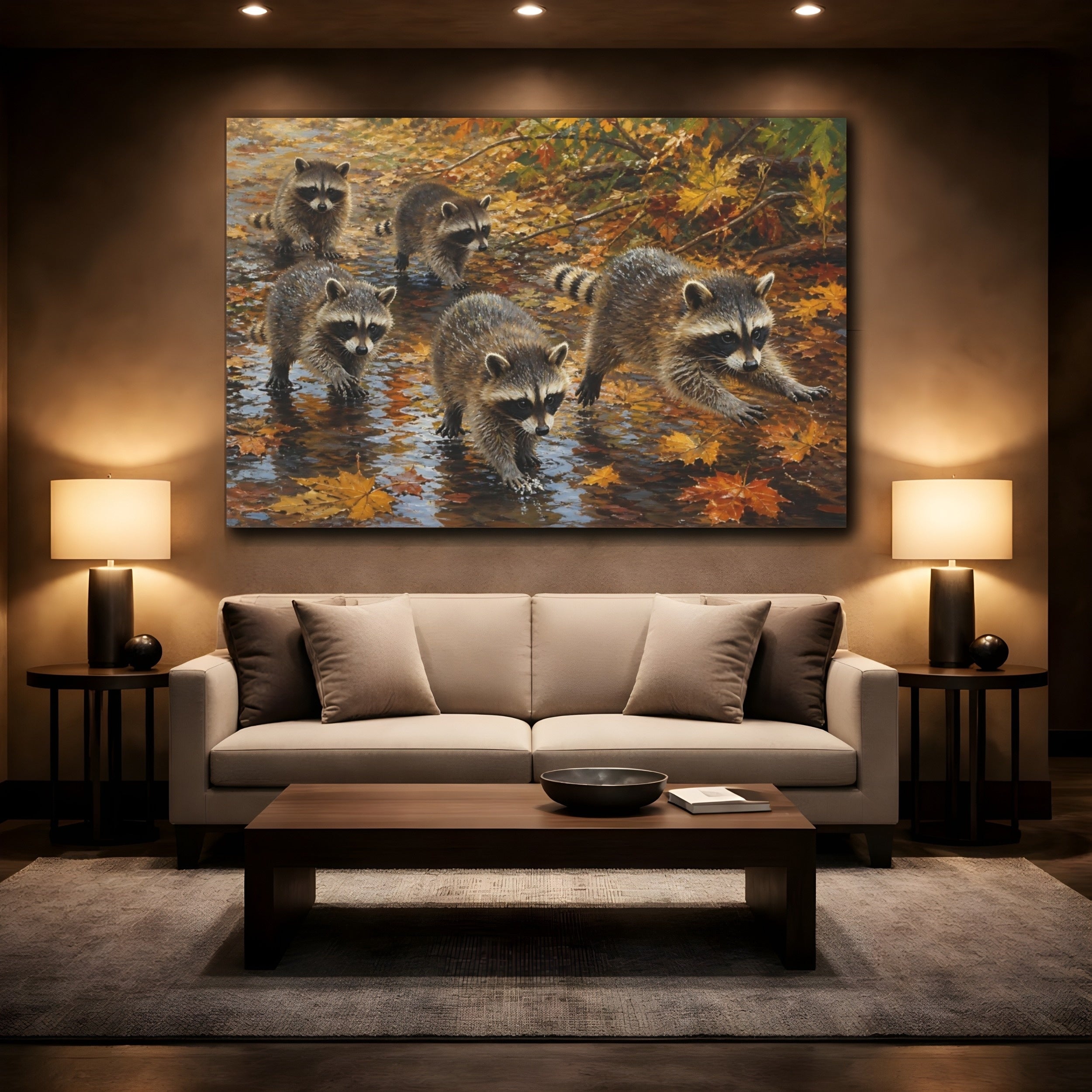 Mockup 2. Animals Raccoons Brown And Orange shown as stretched canvas wall art