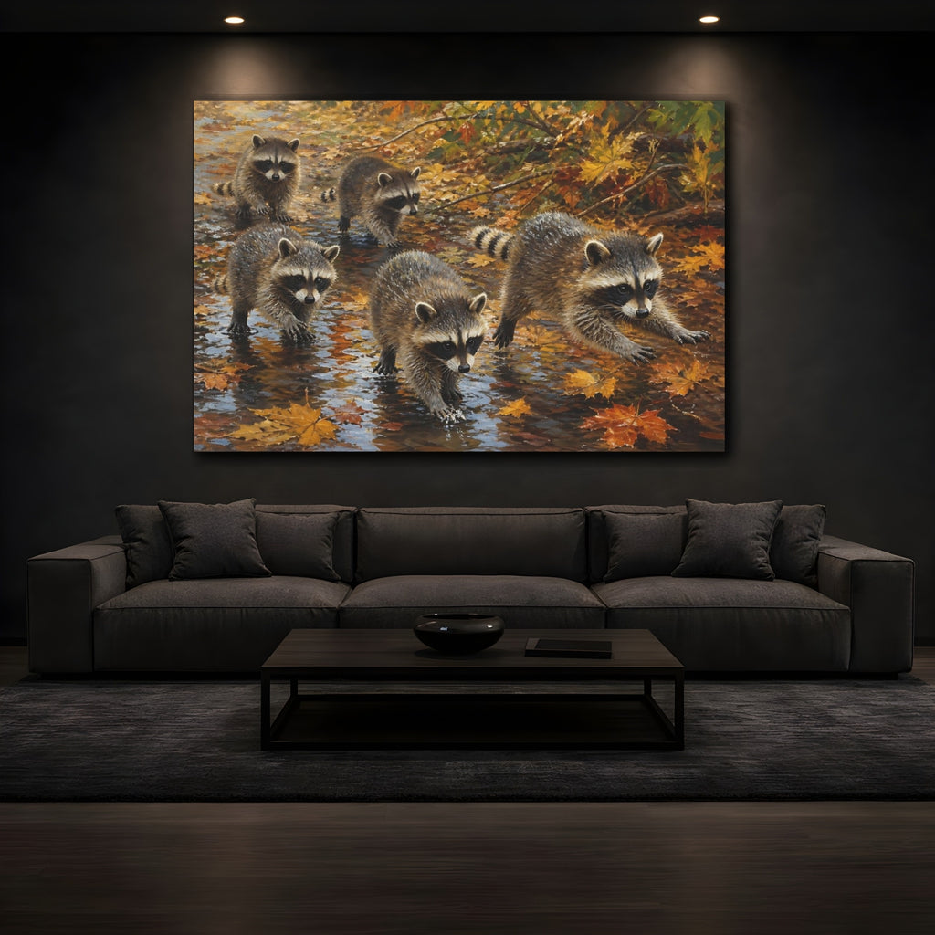 Mockup 3. Animals Raccoons Brown And Orange shown as stretched canvas wall art
